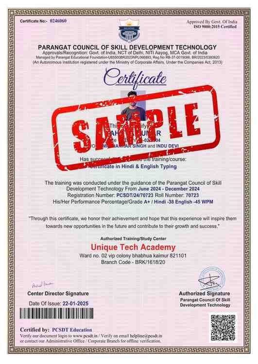 Original Computer Typing Certificate Hindi English